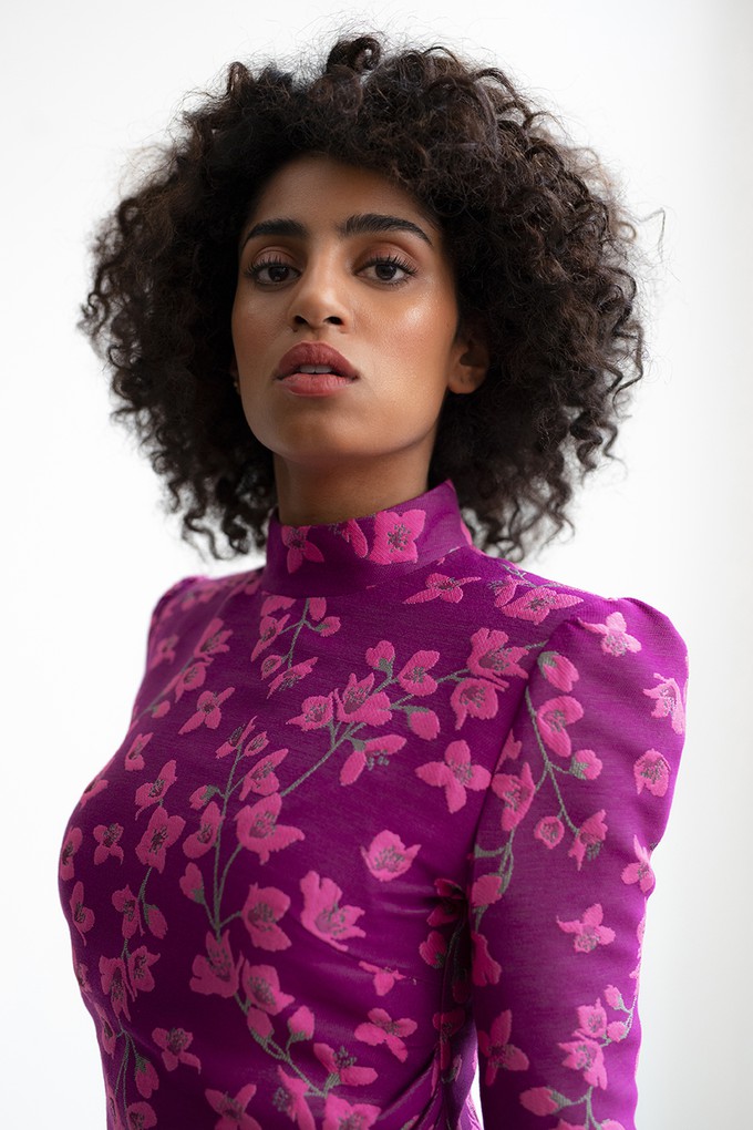 DRAPED FLORAL MIDI DRESS from MONIQUE SINGH