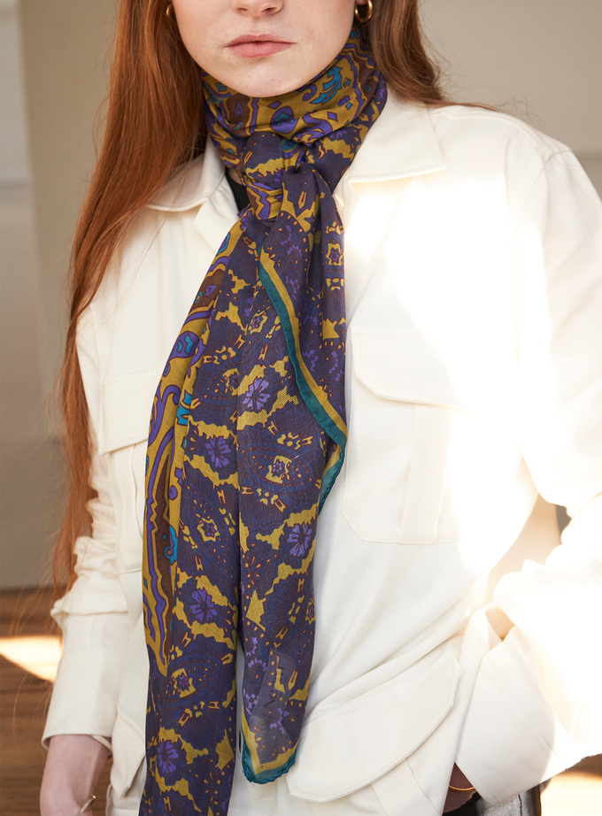 Biodegradable Italian Tencel Purple and Gold Paisley Flamboyant Scarf from Neem London