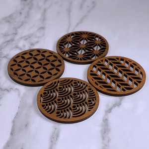 Japanese Patterns Upcycled Teak Wood Coasters - Individual / Set of 4 from Paguro Upcycle