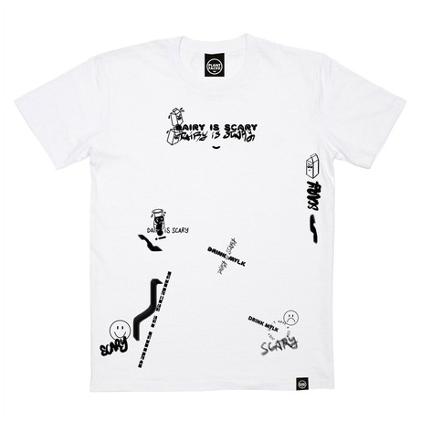 Dairy Is Scary Graffiti Collage Print - White T-Shirt from Plant Faced Clothing