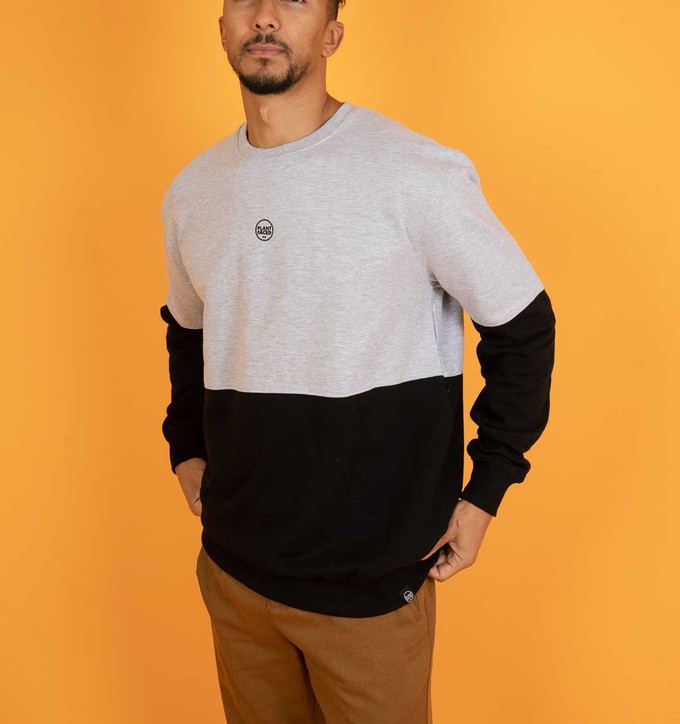The Classics Crew Sweater - Embroidered Logo - Black x Grey Duotone Colourblock from Plant Faced Clothing