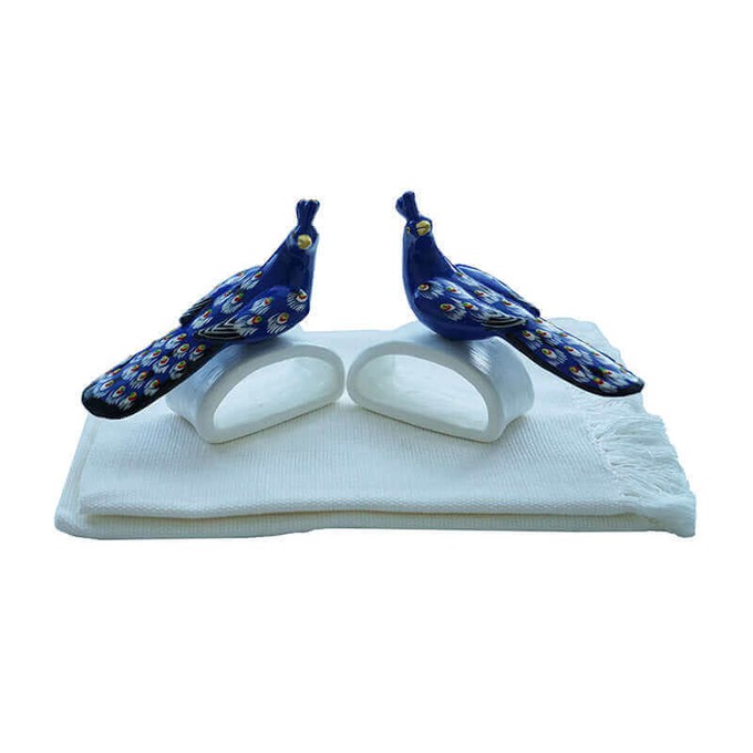 Blue Peacock Napkin Rings - With Cotton Napkins - Fairtrade from Quetzal Artisan