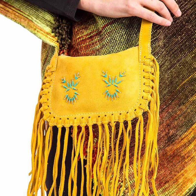 Fringed Shoulder Bag Yellow Tan - Traditional Native Bag from Quetzal Artisan
