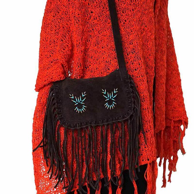 Fringed Shoulder Bag Brown - With Native Traditional Design from Quetzal Artisan