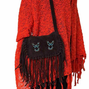 Fringed Shoulder Bag Brown - With Native Traditional Design from Quetzal Artisan