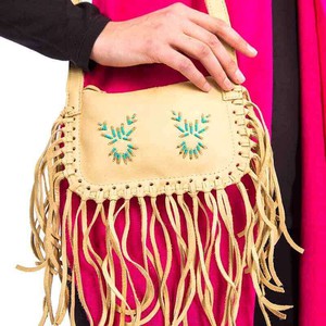 Fringed Shoulder Bag Beige - Native Canadian Small Beads Bag from Quetzal Artisan