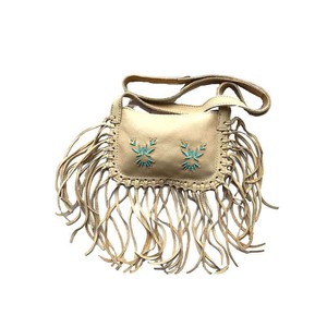 Fringed Shoulder Bag Beige - Native Canadian Small Beads Bag from Quetzal Artisan