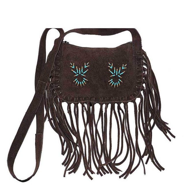 Fringed Shoulder Bag Brown - With Native Traditional Design from Quetzal Artisan