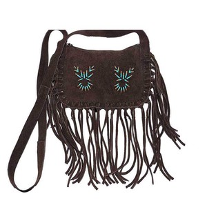 Fringed Shoulder Bag Brown - With Native Traditional Design from Quetzal Artisan