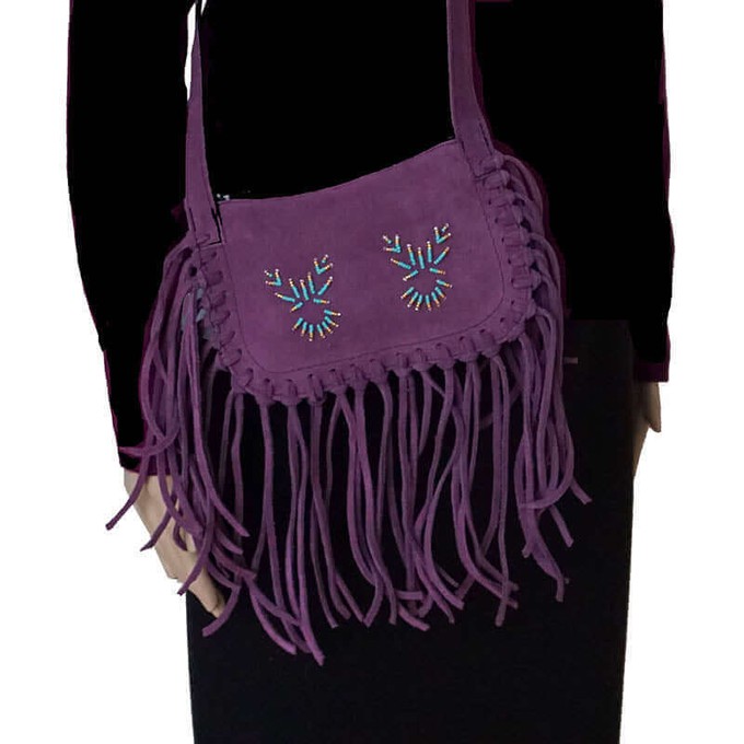 Fringed Shoulder Bag Purple - Native Traditional Design from Quetzal Artisan