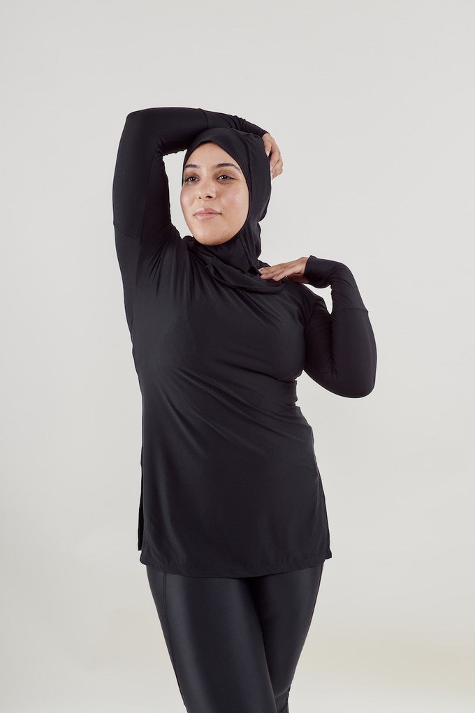 Black 'custom arm-length' Crew Neck Long-Sleeve Top with Split from Ran By Nature
