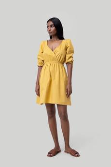 Gathered Elbow Sleeve Short Dress in Mustard via Reistor