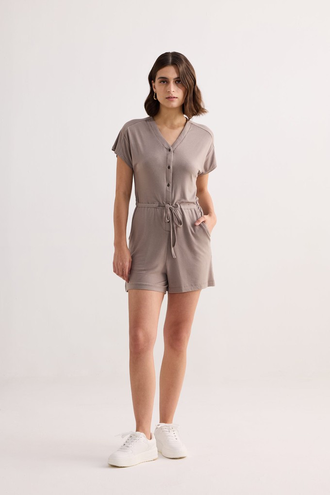 V-neck Drawstring Knit Romper in Earth Grey from Reistor