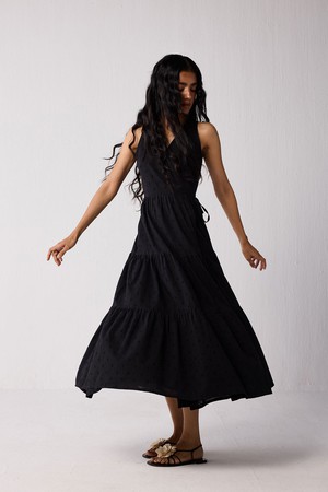 Sleeveless Embroidered Wrap Dress with Tiers in Black from Reistor