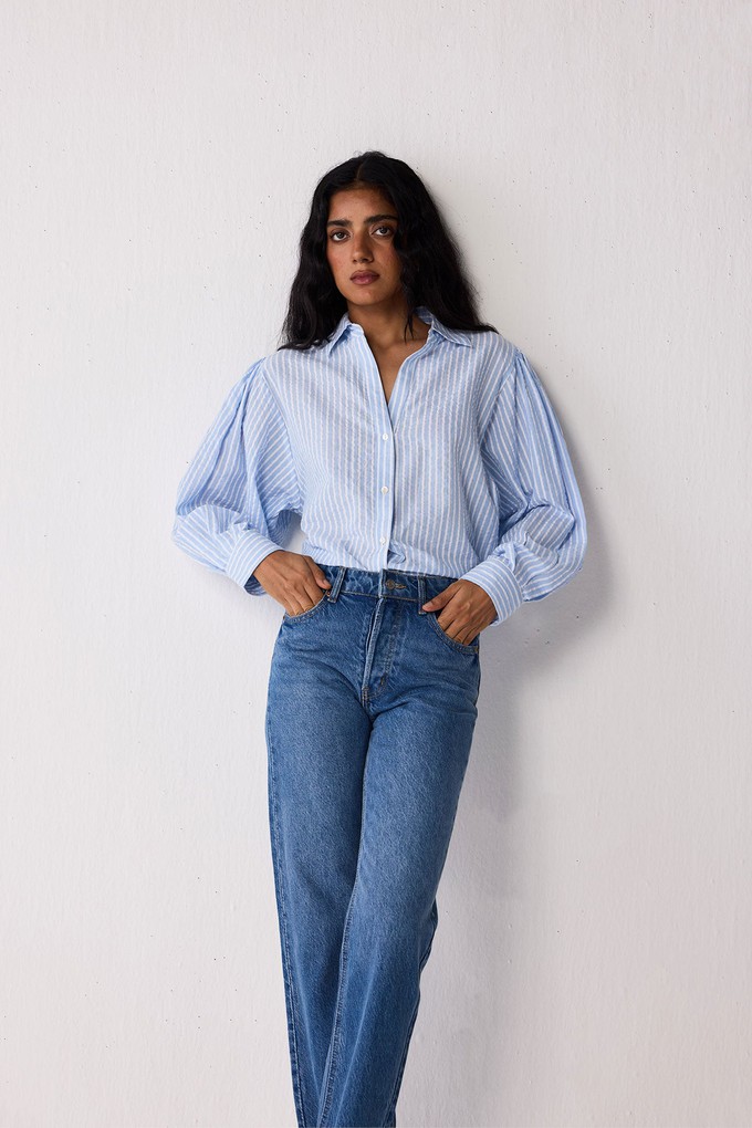 Striped Shirt with Long Balloon Sleeves in Blue from Reistor