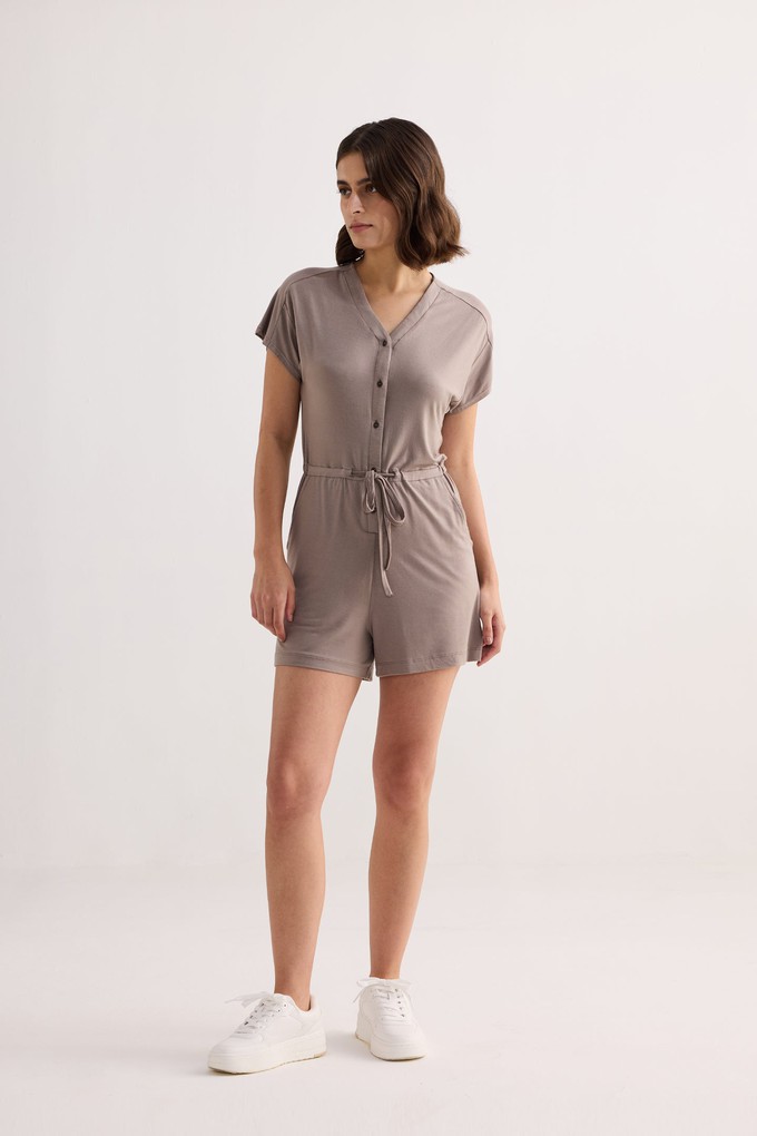 V-neck Drawstring Knit Romper in Earth Grey from Reistor