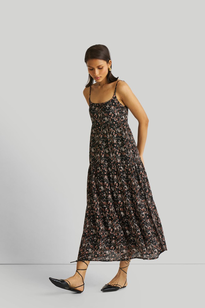 Strappy Tiered Maxi Dress in Black Florals from Reistor