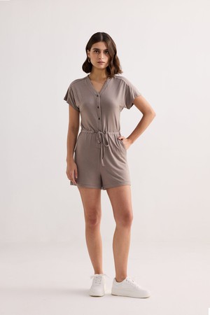 V-neck Drawstring Knit Romper in Earth Grey from Reistor