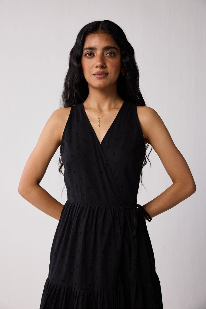 Sleeveless Embroidered Wrap Dress with Tiers in Black from Reistor