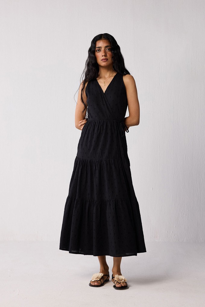 Sleeveless Embroidered Wrap Dress with Tiers in Black from Reistor