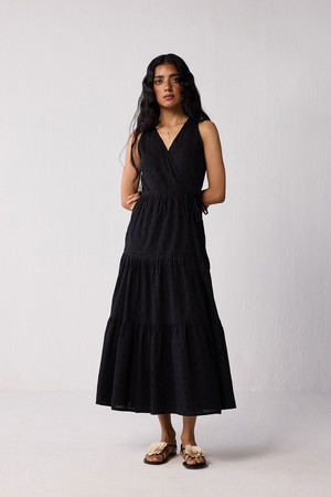 Sleeveless Embroidered Wrap Dress with Tiers in Black from Reistor