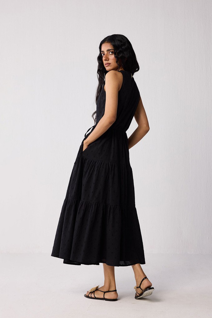 Sleeveless Embroidered Wrap Dress with Tiers in Black from Reistor