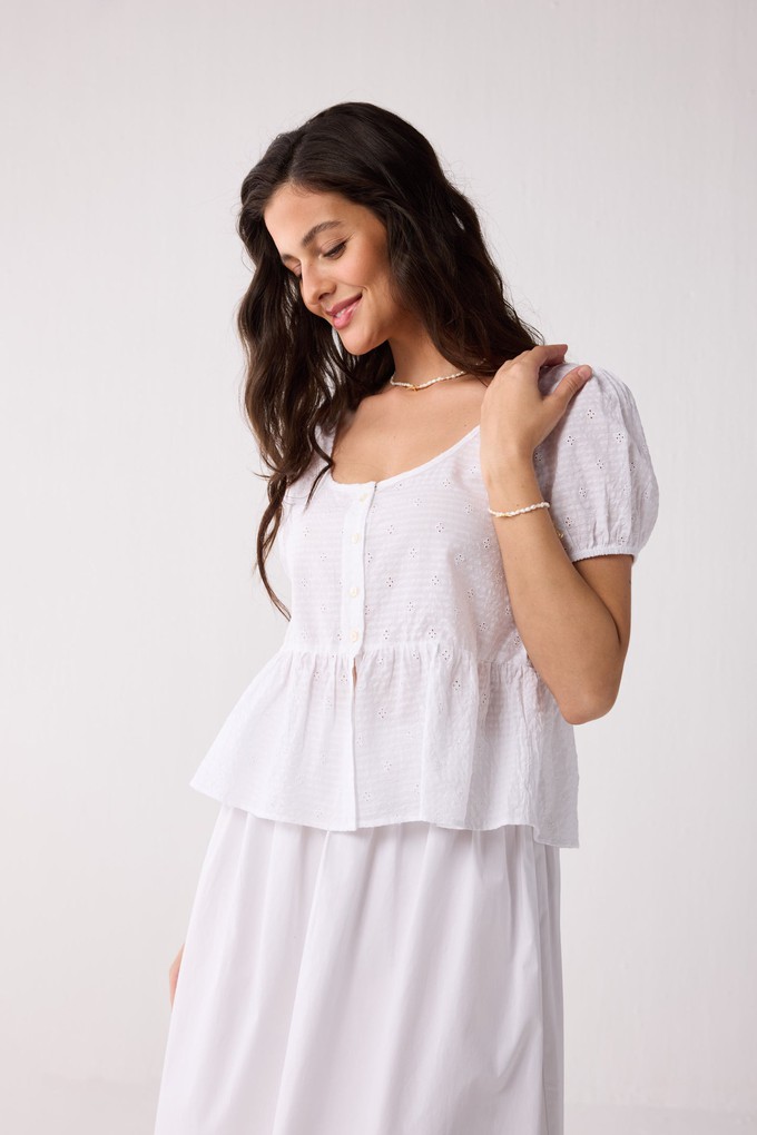 Embroidered Peplum Top with Puff Sleeves in White from Reistor