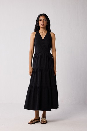 Sleeveless Embroidered Wrap Dress with Tiers in Black from Reistor