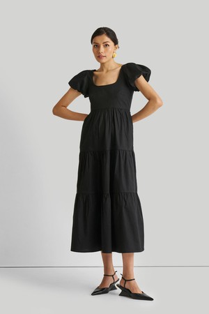 Puff Sleeve Tiered Maxi Dress in Black from Reistor