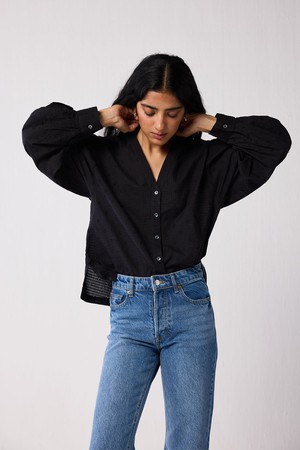 Embroidered Shirt with Long Balloon Sleeves in Black from Reistor