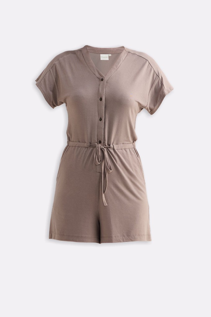 V-neck Drawstring Knit Romper in Earth Grey from Reistor