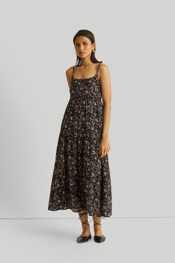 Strappy Tiered Maxi Dress in Black Florals from Reistor