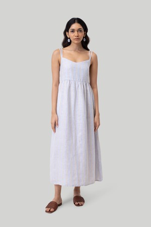 Strappy Gathered Midi Dress in Linen Stripes from Reistor