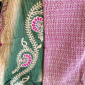 Mini kantha quilt in shades of green, pink & beige, handwoven in Bangladesh from Shakti.ism