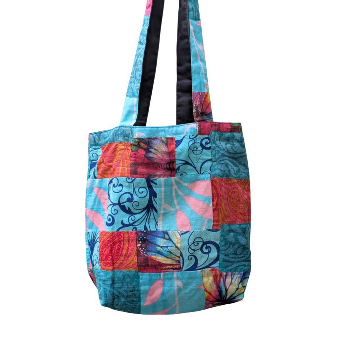 Colourful Sari Patchwork Tote Bags, Fair Trade Market Weekender Bag in Shades of Teal from Shakti.ism