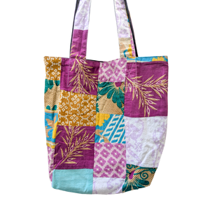 Colourful Sari Patchwork Tote Bags, Fair Trade Market Weekender Bag in Shades of Purple from Shakti.ism
