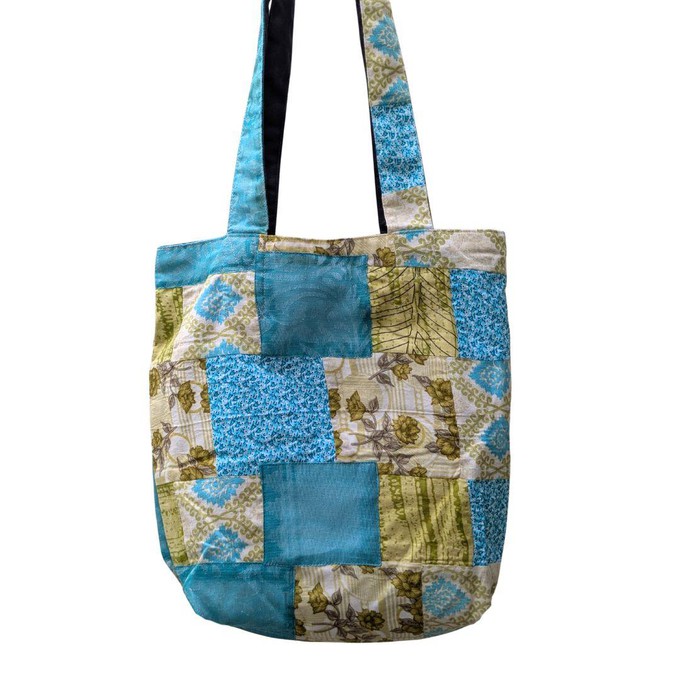 Colourful Sari Patchwork Tote Bags, Fair Trade Market Weekender Bag in Shades of Teal from Shakti.ism