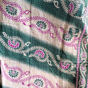 Mini kantha quilt in shades of green, pink & beige, handwoven in Bangladesh from Shakti.ism