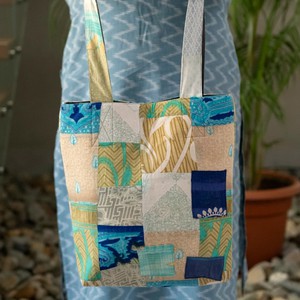 Colourful Sari Patchwork Tote Bags, Fair Trade Market Weekender Bag in Shades of Teal from Shakti.ism