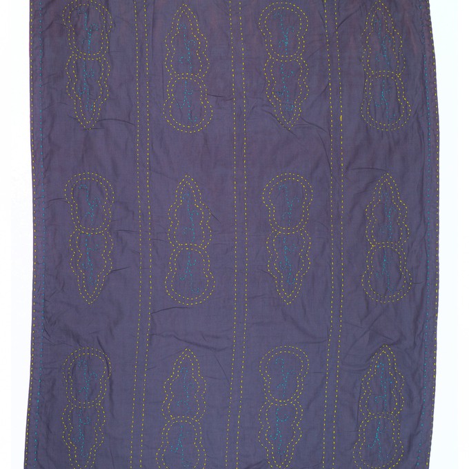 Embroidered, 100% cotton kantha baby blanket in pink and grey leaf design by Khushi Kantha from Shakti.ism