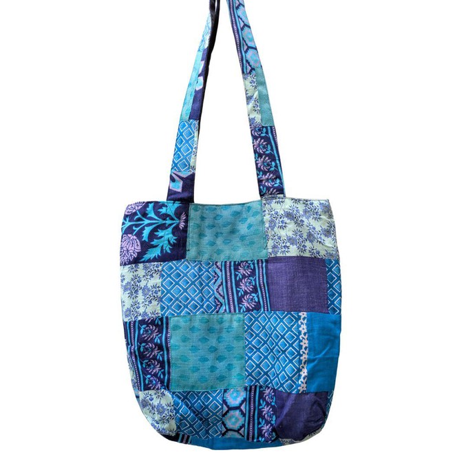 Colourful Sari Patchwork Tote Bags, Fair Trade Market Weekender Bag in Shades of Blue from Shakti.ism