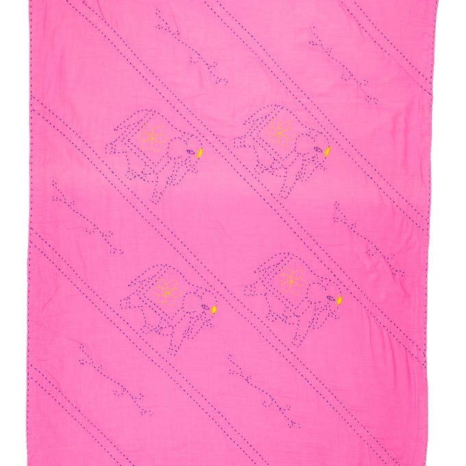 Embroidered, 100% cotton kantha baby blanket in pink and white elephant design by Khushi Kantha from Shakti.ism