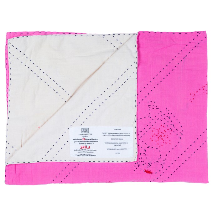 Embroidered, 100% cotton kantha baby blanket in pink and white elephant design by Khushi Kantha from Shakti.ism
