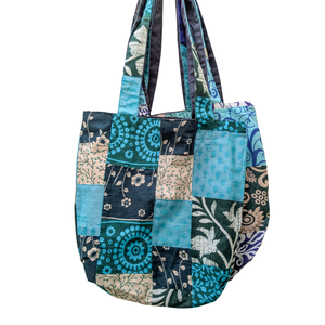 Colourful Sari Patchwork Tote Bags, Fair Trade Market Weekender Bag in Shades of Blue from Shakti.ism