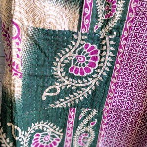 Mini kantha quilt in shades of green, pink & beige, handwoven in Bangladesh from Shakti.ism