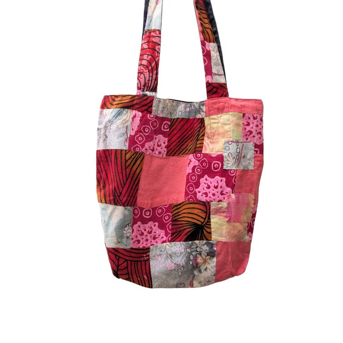 Colourful Sari Patchwork Tote Bags, Fair Trade Market Weekender Bag in Shades of Red and Pink from Shakti.ism