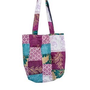 Colourful Sari Patchwork Tote Bags, Fair Trade Market Weekender Bag in Shades of Purple from Shakti.ism