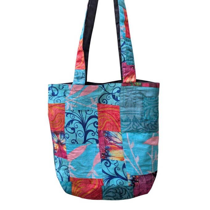 Colourful Sari Patchwork Tote Bags, Fair Trade Market Weekender Bag in Shades of Teal from Shakti.ism