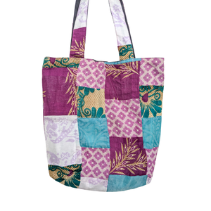 Colourful Sari Patchwork Tote Bags, Fair Trade Market Weekender Bag in Shades of Purple from Shakti.ism