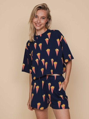Fries Navy Cropped T-shirt en Shorts set Dames from SNURK